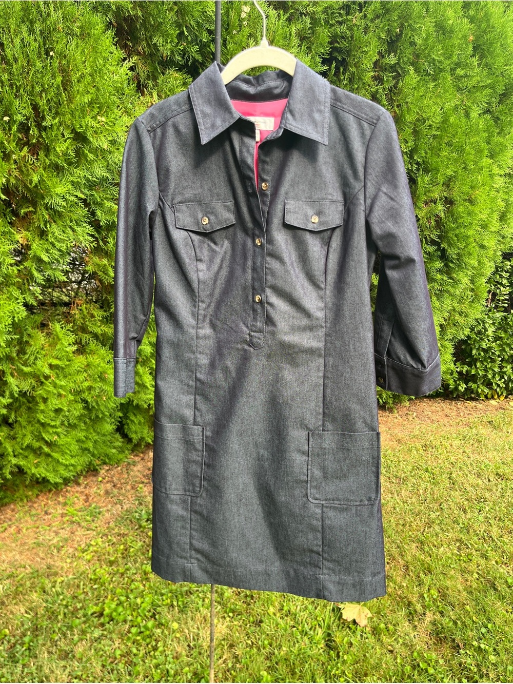 Isaac Mizrahi Rare Deep Blue Denim Lined Pocketed Shirt Dress with Pink Lining